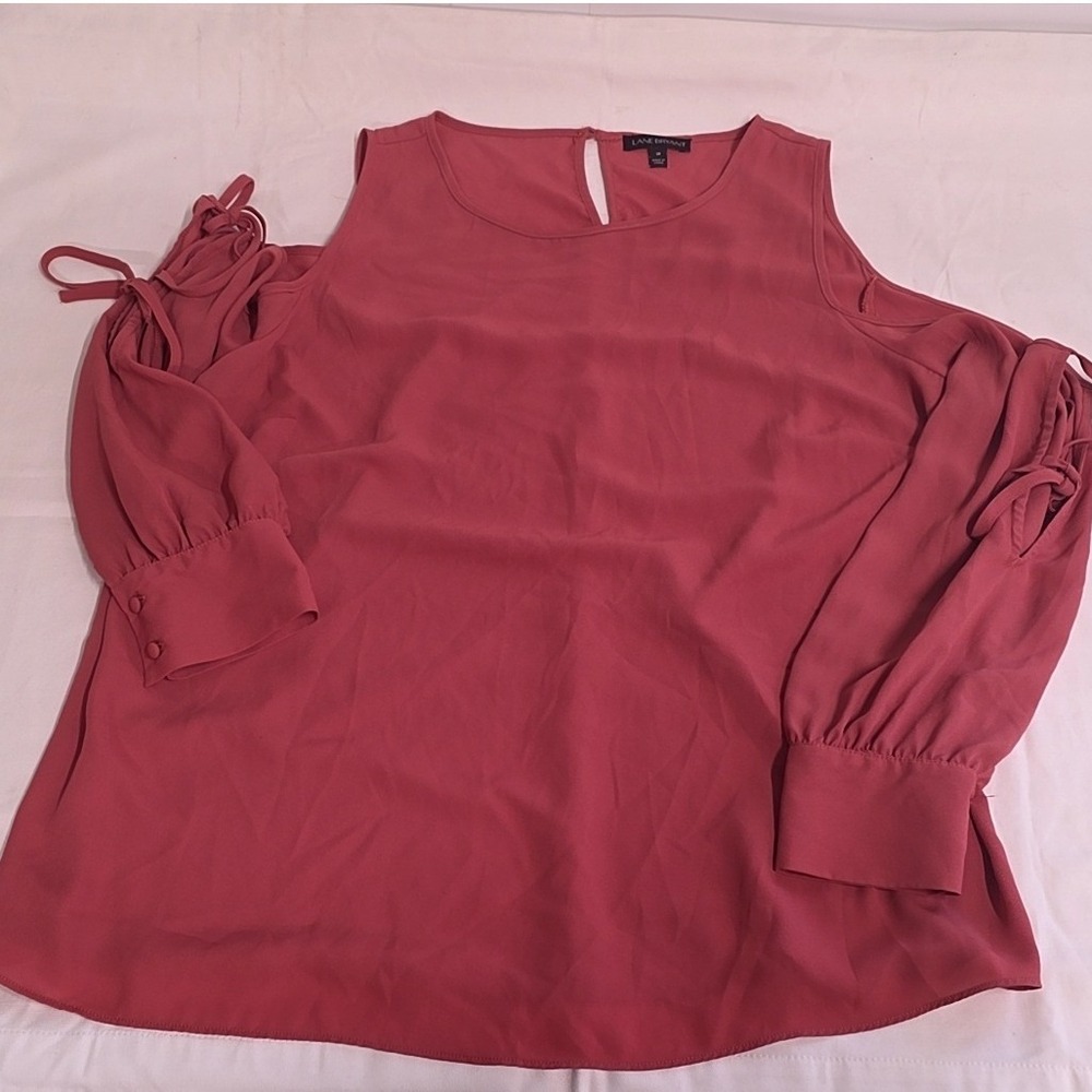 Lane Bryant Blouse Womens sz 18 Pink Cold Shoulder Tie Sleeve Keyhole Back Top